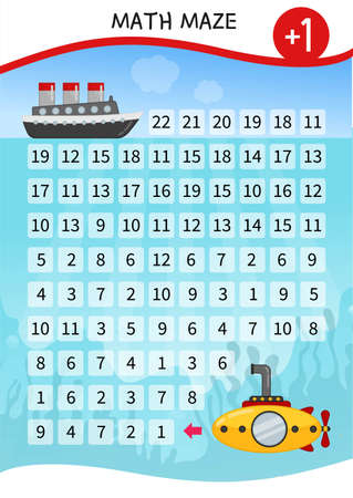 Math maze game for children. Help the submarine reach the ship.のイラスト素材