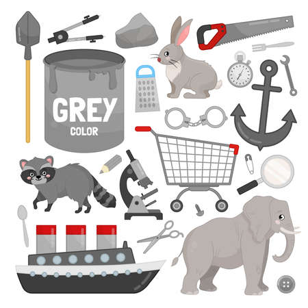 Vector set of gray color objects. Learn gray color. Illustration of primary colors.のイラスト素材