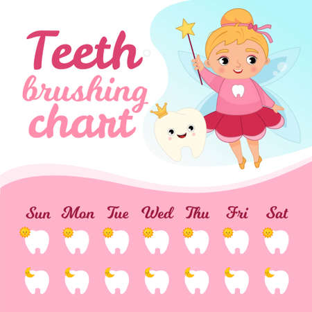 Teeth brushing chart. Protection teeth concept. Vector illustration of a cute tooth fairy.のイラスト素材