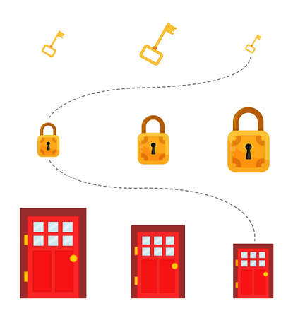 Matching children educational game. Match key, lock and door by size. Activity for pre sÑhool years kids and toddlers.のイラスト素材