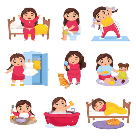 Vector illustration daily activities routine. Cute little cartoon girl doing daily chores.のイラスト素材