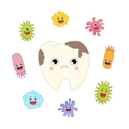 Vector illustration of a cute cartoon tooth with caries and evil germs. Dental hygiene concept.のイラスト素材