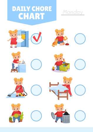Daily routine chore chart. Cute little girl is doing household chores. Illustration in cartoon style.のイラスト素材