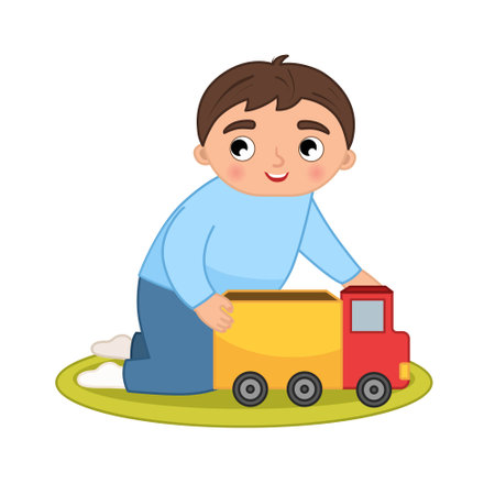 Vector cartoon illustration of cute boy playing with toy car.のイラスト素材