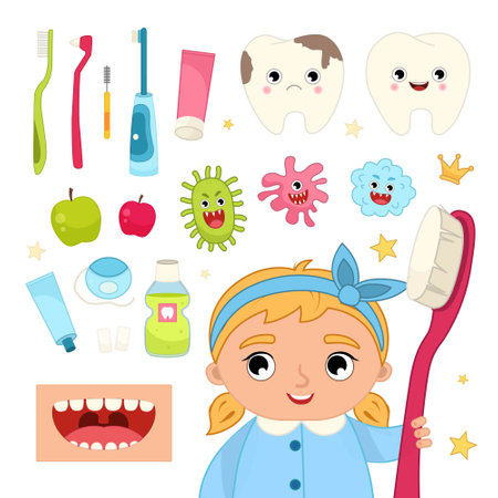 Vector set of dental care products. Cute girl with a toothbrush in his hands. Cute cartoon illustrations of toothbrush, toothpaste, teeth, dental floss.のイラスト素材