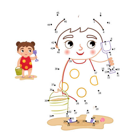 Educational game for kids. Dot to dot game for children. Cute cartoon girl on the beach.のイラスト素材
