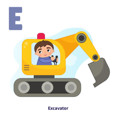 English alphabet with cartoon cute children illustrations. Kids learning material. Letter E. Cute boy on excavator.のイラスト素材