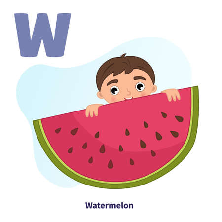 English alphabet with cartoon cute children illustrations. Kids learning material. Letter W. cute boy and big watermelonのイラスト素材