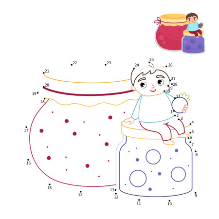 Educational game for kids. Dot to dot game for kids. A cute boy sits on a jar of jam.のイラスト素材