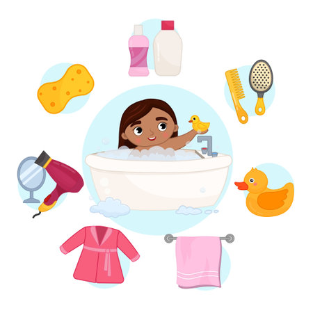 Vector illustration of a cute girl takes a bath. Bathroom icons set in cartoon style.のイラスト素材