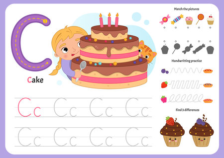 Handwriting practice sheet. basic writing. Educational game for kids. Worksheet for learning alphabet. Letter C.のイラスト素材