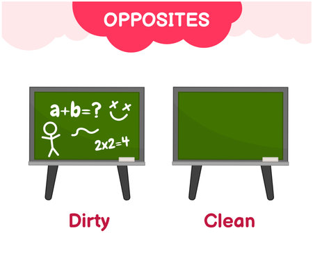 Vector learning material for kids opposites clean dirty. Cartoon illustrations of a clean chalkboard and dirty chalkboardのイラスト素材