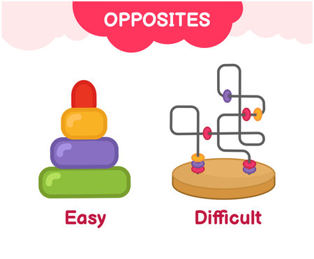 Vector learning material for kids opposites easy difficult. Cartoon illustrations of easy pyramid and difficult puzzleのイラスト素材