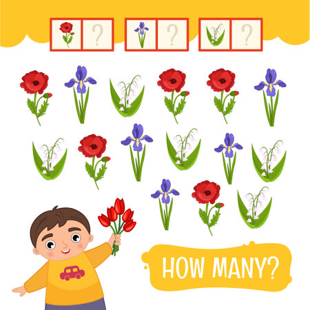 Counting educational children game, math kids activity sheet. How many objects task. Help the boy count the flowers.のイラスト素材