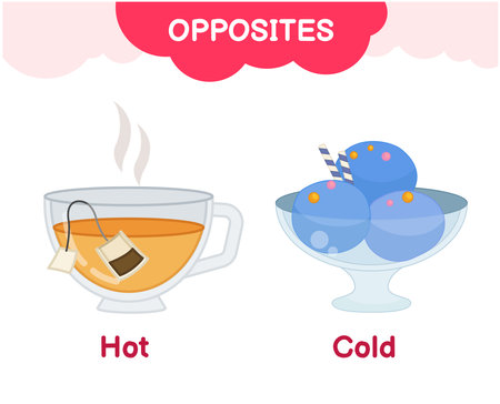 Vector learning material for kids opposites hot cold. Cartoon illustrations of hot tea and cold ice cream.の写真素材
