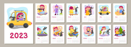 Vector vertical calendar new year 2023. Cartoon cute illustrations of girl and black rabbit. Symbol of the Chinese New Year. week starts on sundayのイラスト素材