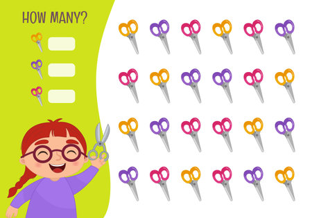 Counting educational children game, math kids activity sheet. How many objects task. Vector illustration of a cute girl holding scissors.のイラスト素材