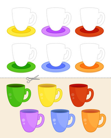 Matching children educational game. Cut out and glue cups in the correct place. Activity for pre school years kids and toddlers.のイラスト素材