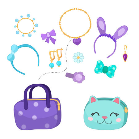 Matching children educational game. Arrange the jewelry in the makeup bag by color. Activity for pre school years kids and toddlers.のイラスト素材