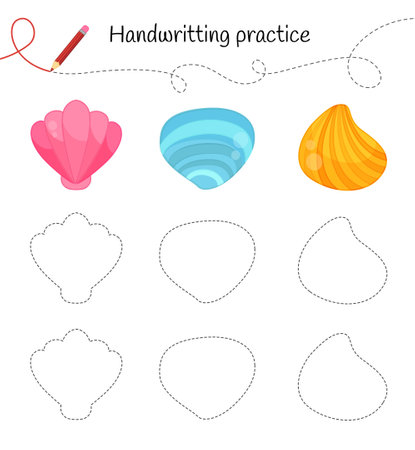 Handwriting practice sheet. basic writing. Educational game for kids. cartoon seashell.のイラスト素材