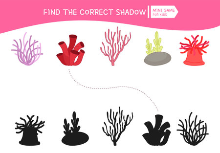 Educational game for kids. Find the right shadow. Kids activity with corals.のイラスト素材