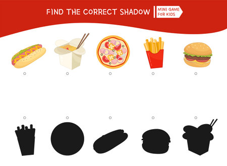 Educational game for kids. Find the right shadow. Kids activity with cartoon cute fast food.のイラスト素材