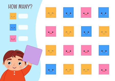 Counting educational children game, math kids activity sheet. How many objects task. Vector illustration of geometric forms.のイラスト素材