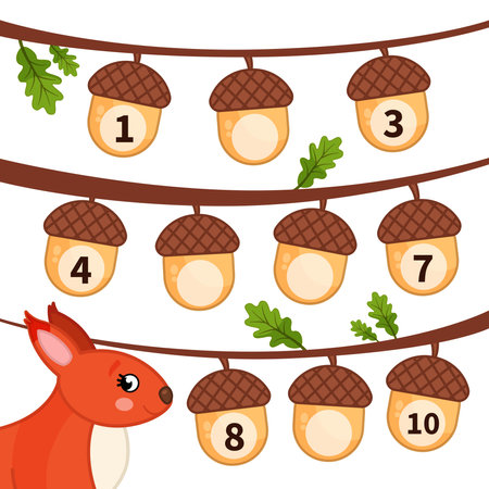 Counting educational children game, math kids activity sheet. Have the squirrel fill in the missing numbers in the acorns.のイラスト素材