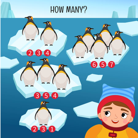 Counting educational children game, math kids activity sheet. How many objects task. Count how many penguins are on each ice floe.のイラスト素材