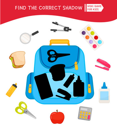 Educational game for children. Find the right shadow. Kids activity with backpack.のイラスト素材