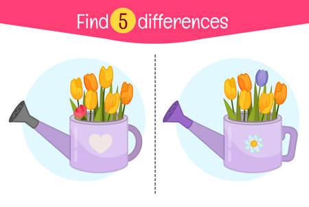 Find differences. Educational game for children. Cartoon vector illustration. Vector illustration of flowers in a watering can..のイラスト素材