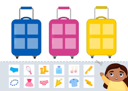 Matching children educational game. Organize clothes in suitcases by color. Activity for pre school years kids and toddlers.のイラスト素材