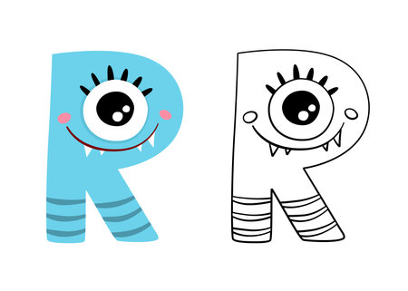 Vector cartoon illustration of monsters letter english alphabet. Color and outline drawing. Coloring book for primary children.のイラスト素材