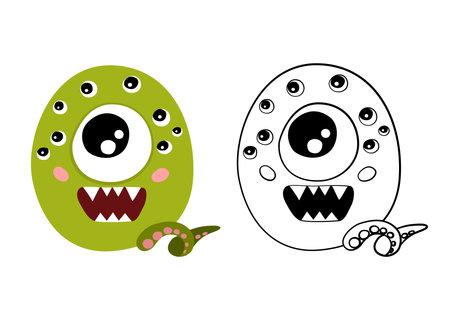 Vector cartoon illustration of monsters letter english alphabet. Color and outline drawing. Coloring book for primary children.のイラスト素材