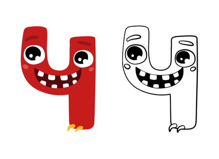 Vector illustration of cute monsters numbers. Color and outline cartoon image. Educational material for preschool children. Coloring book for kids.のイラスト素材