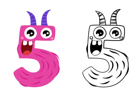 Vector illustration of cute monsters numbers. Color and outline cartoon image. Educational material for preschool children. Coloring book for kids.のイラスト素材