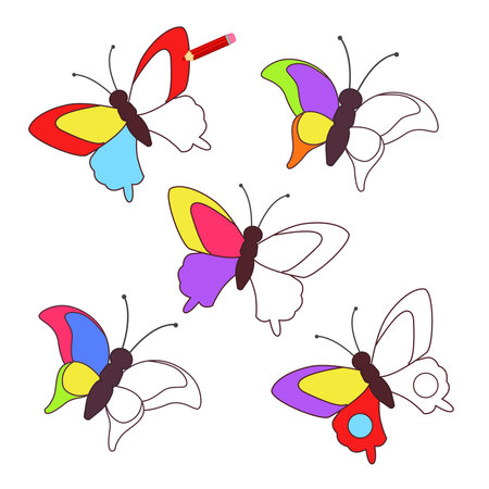 Coloring book for children. Color the second wing of the butterfly using the example.のイラスト素材