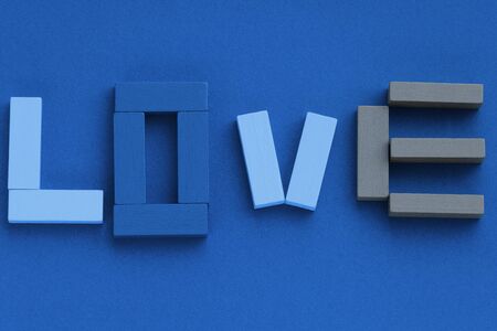 Word PLAY made from wooden bricks toys on blue background. Parents love and kids game concept. Top view, flat lay. Trendy color of the year 2020.の写真素材