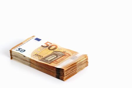 Money background euro cash banknotes 50 euro notes. Pack of money on white background. Business...