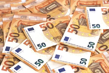 Money background euro cash banknotes 50 euro notes. Business finance cash concept. Flat lay, copy space, from above, top view, horizontal.の写真素材