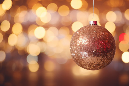 Gold glittery shimmering Christmas ornament hanging in front of blurred background of bokeh lights. Sparkling, glittering holiday ballの素材