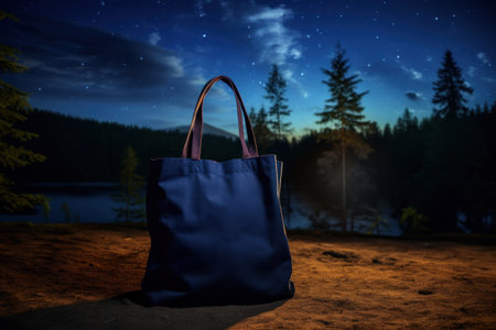 Blue cotton tote bag mockup template in rugged camping setting, starry night. Eco friendly totebag mock upの素材