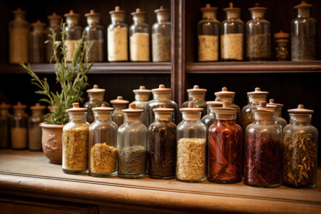 Vintage apothecary interior with glass jars filled with authentic ingredients lining antique shelvesの素材
