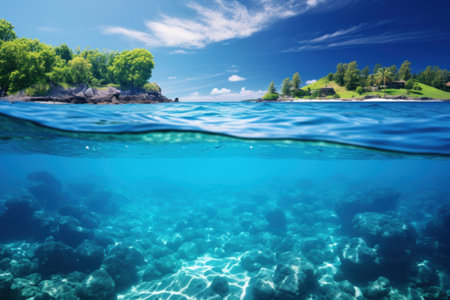 Underwater world, showing beauty, diversity of marine life, sun rays penetrating surface of oceanの素材