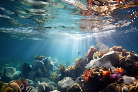 Underwater world, showing beauty, diversity of marine life, sun rays penetrating surface of ocean. Mysterious beauty of underwater and surrounding landscape seen from perspective of someone in waterの素材