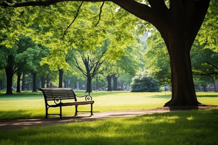 Green and relaxing park scene with bench and tree. Tranquility of city park, importance of urban green spaces for mental well-being