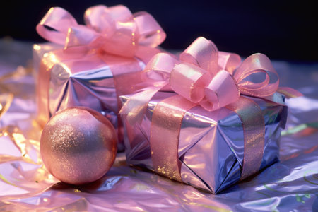 Beautiful and shiny gifts wrapped in metallic neon paper on Boxing Day. Gifts on table with blurred background of bokeh lights, creating festive and cheerful atmosphere. Boxing Day, Christmas conceptの素材