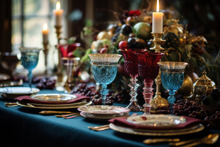 Holiday feast table adorned with jewel toned tableware, set within elegant dining room atmosphere. Exquisite and inviting, luxurious fabrics, harmonious interplay of jewel tonesの素材