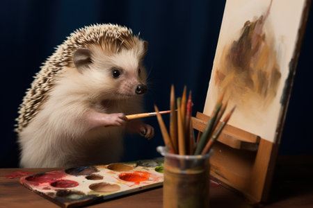 Hedgehog artist in cozy studio, painter holding tiny paintbrush and working on canvas. Cute funny animal paintingの素材