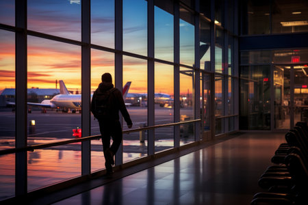 Travelers inside terminal as they watch planes. Silhouette of airline passengers in airport lounge at wide observation window watching airplane flying of against surreal sunsetの素材